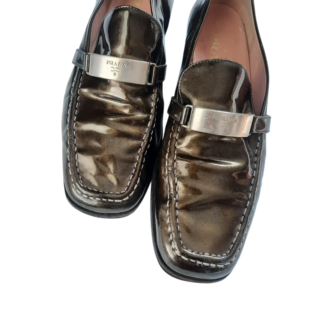 Vintage Y2K PRADA Patent Leather Square Toe Classic Loafers Sz 9.5/40 Dk Olive - Picture 3 of 10